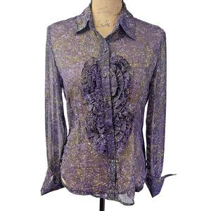 BIACCI WOMENS PURPLE SHEER LONG SLEEVE BUTTON DOWN RUFFLED FRONT TOP BLOUSE SZ 8